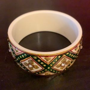 Hand painted enamel green white and gold bangle